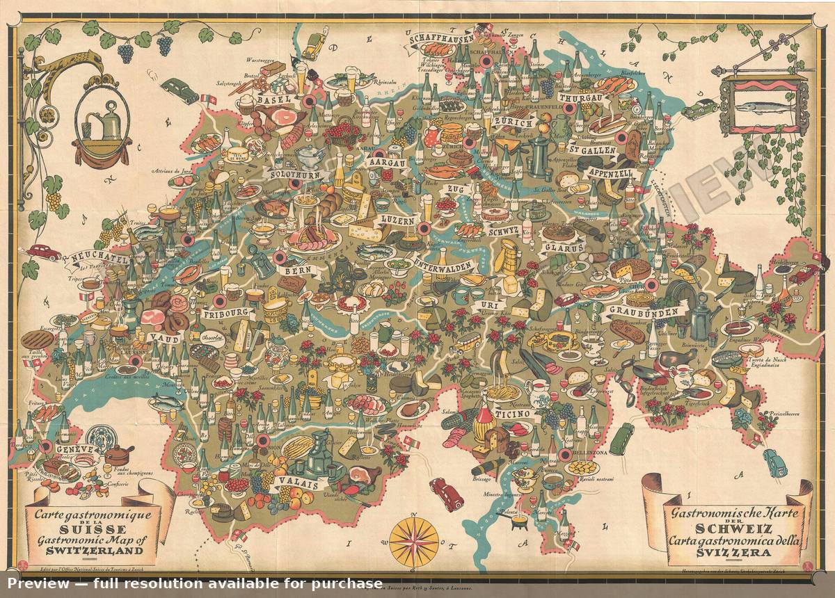 Antique map: Gastronomic Switzerland, 1939, 1939