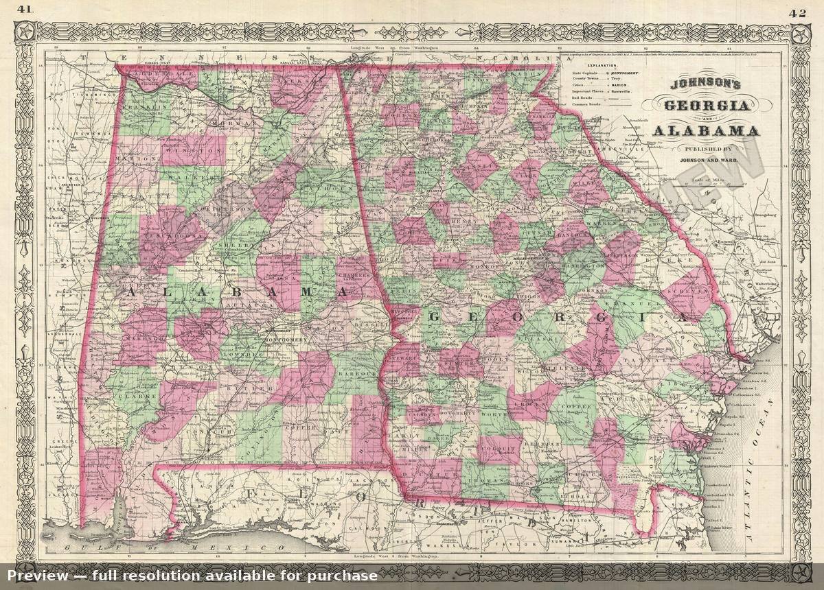 Antique map: Georgia Alabama, 1865, 1865