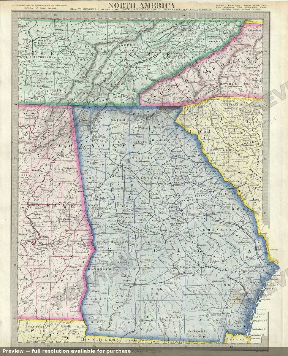 Antique map: Georgia Tennessee, 1848