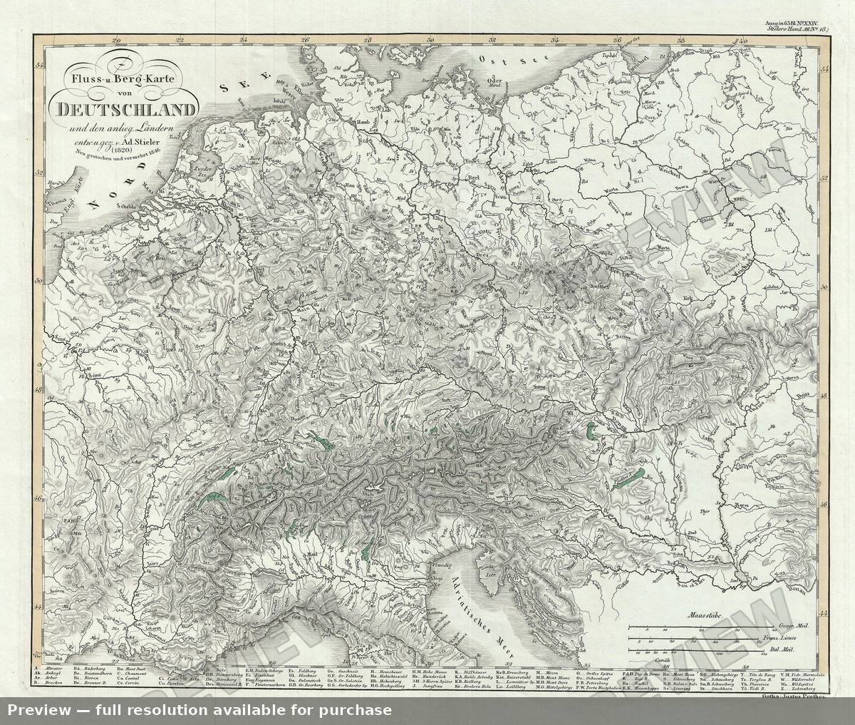 Antique map: Germany Mountains Rivers, 1854