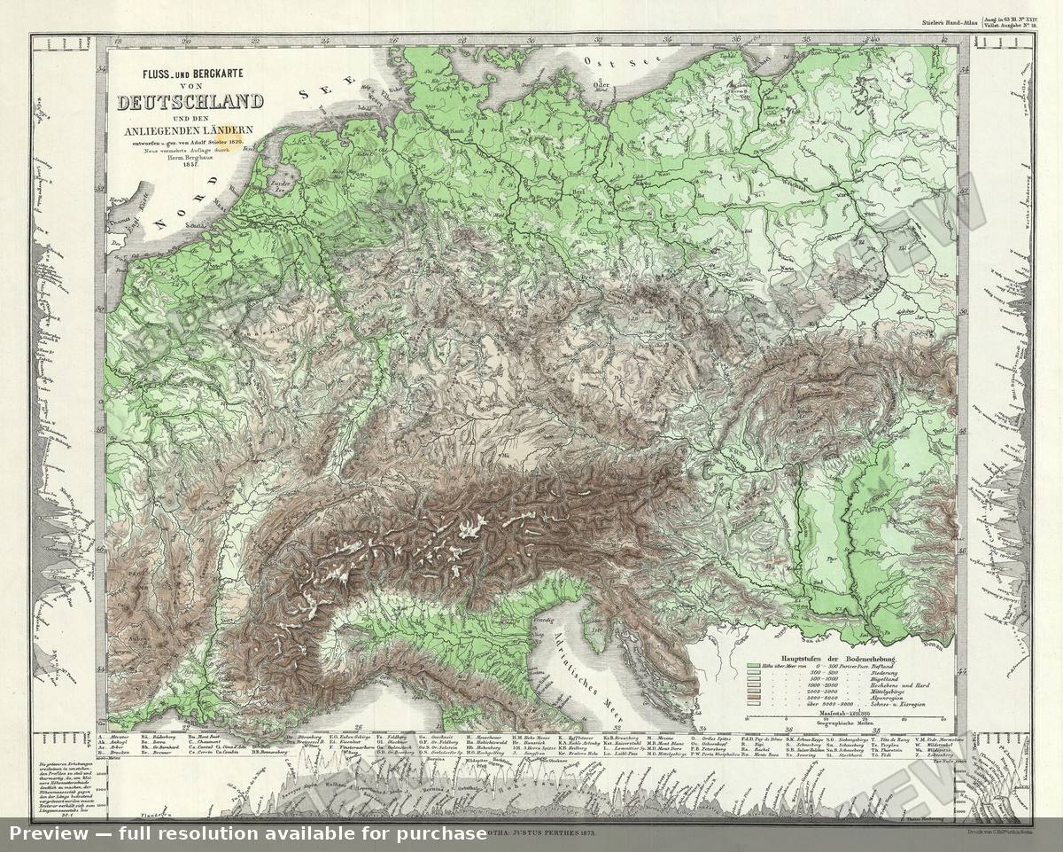 Antique map: Germany Mountains Rivers, 1873