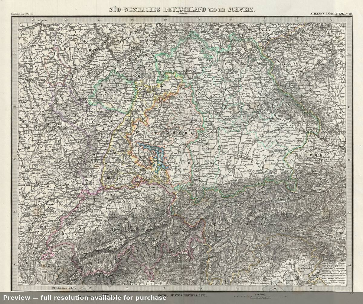 Antique map: Germany SW Switzerland, 1873