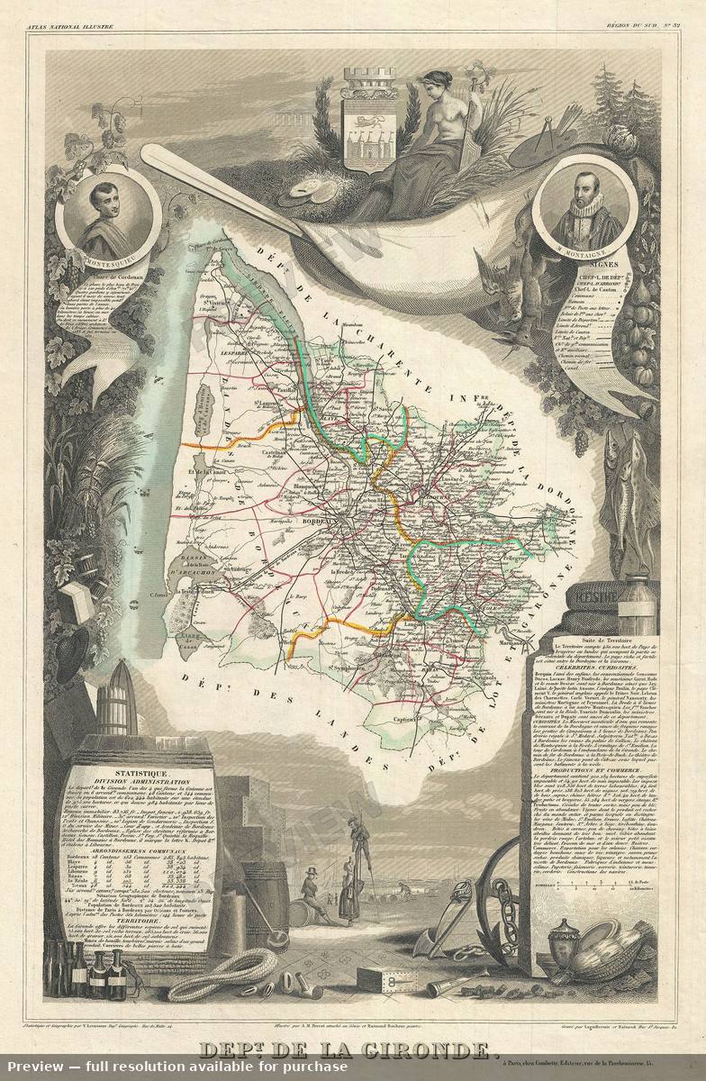 Antique map: Gironde, 1851, 1851