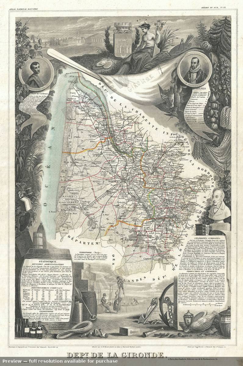 Antique map: Gironde, 1852