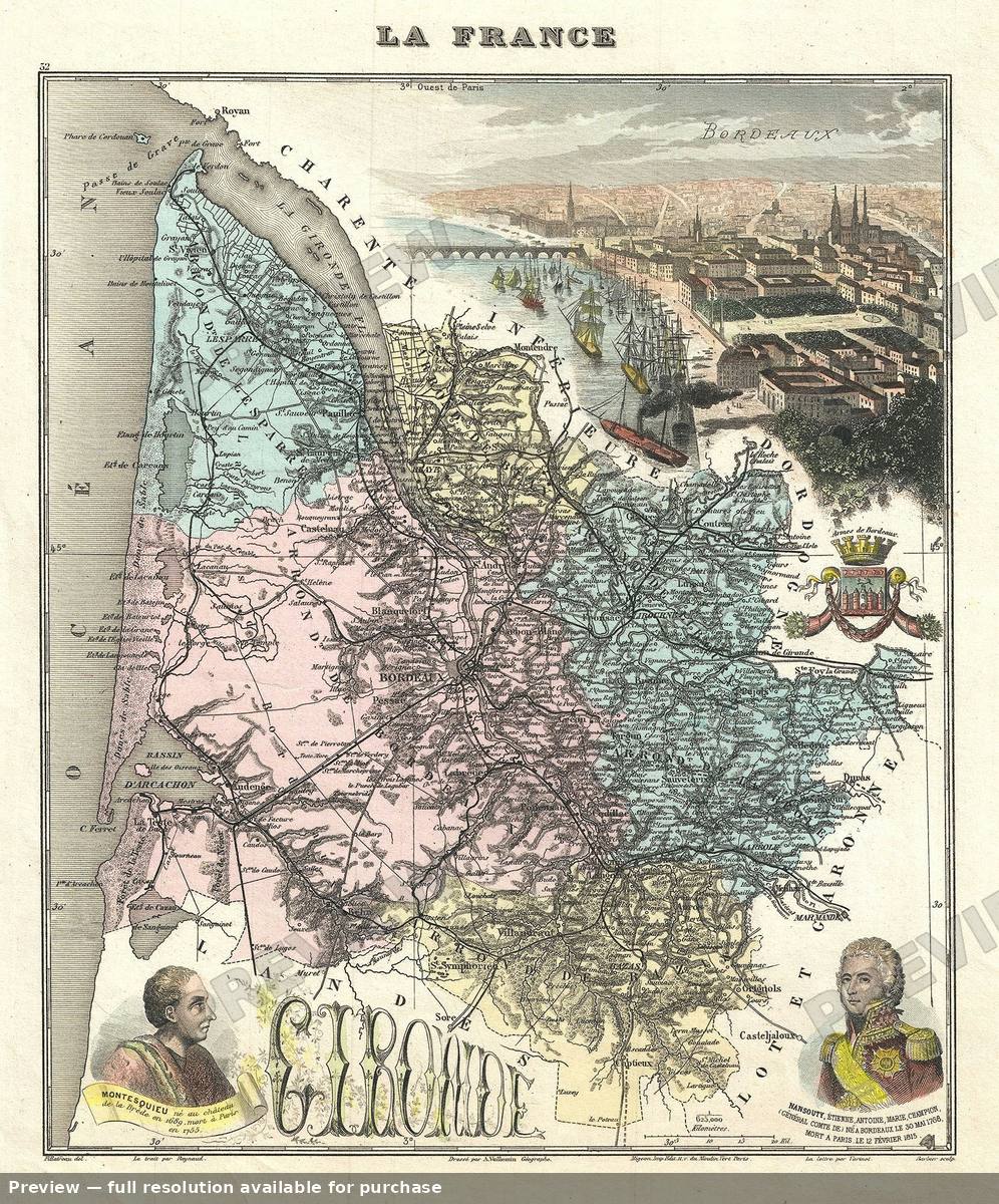 Antique map: Gironde, 1893