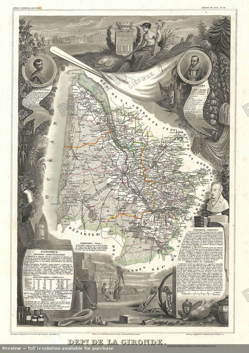Antique map: Gironde 2, 1852, 1852