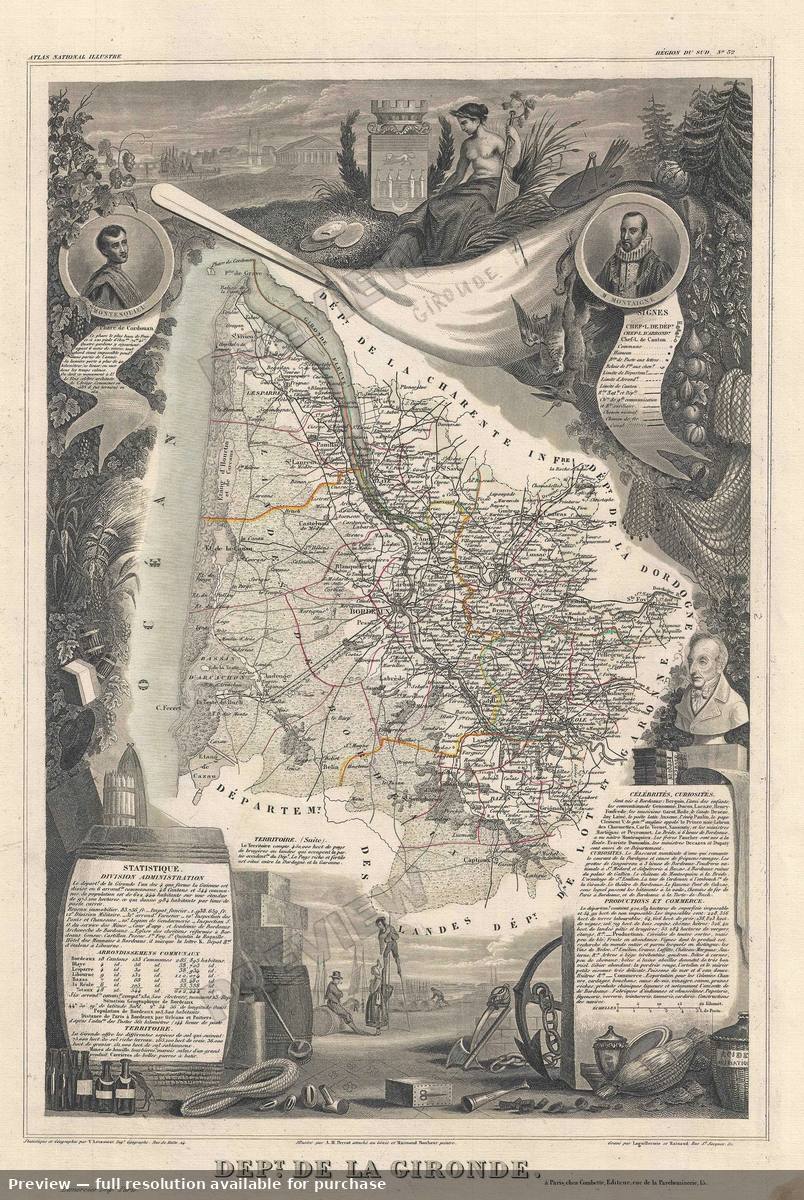 Antique map: Gironde 3, 1852, 1852