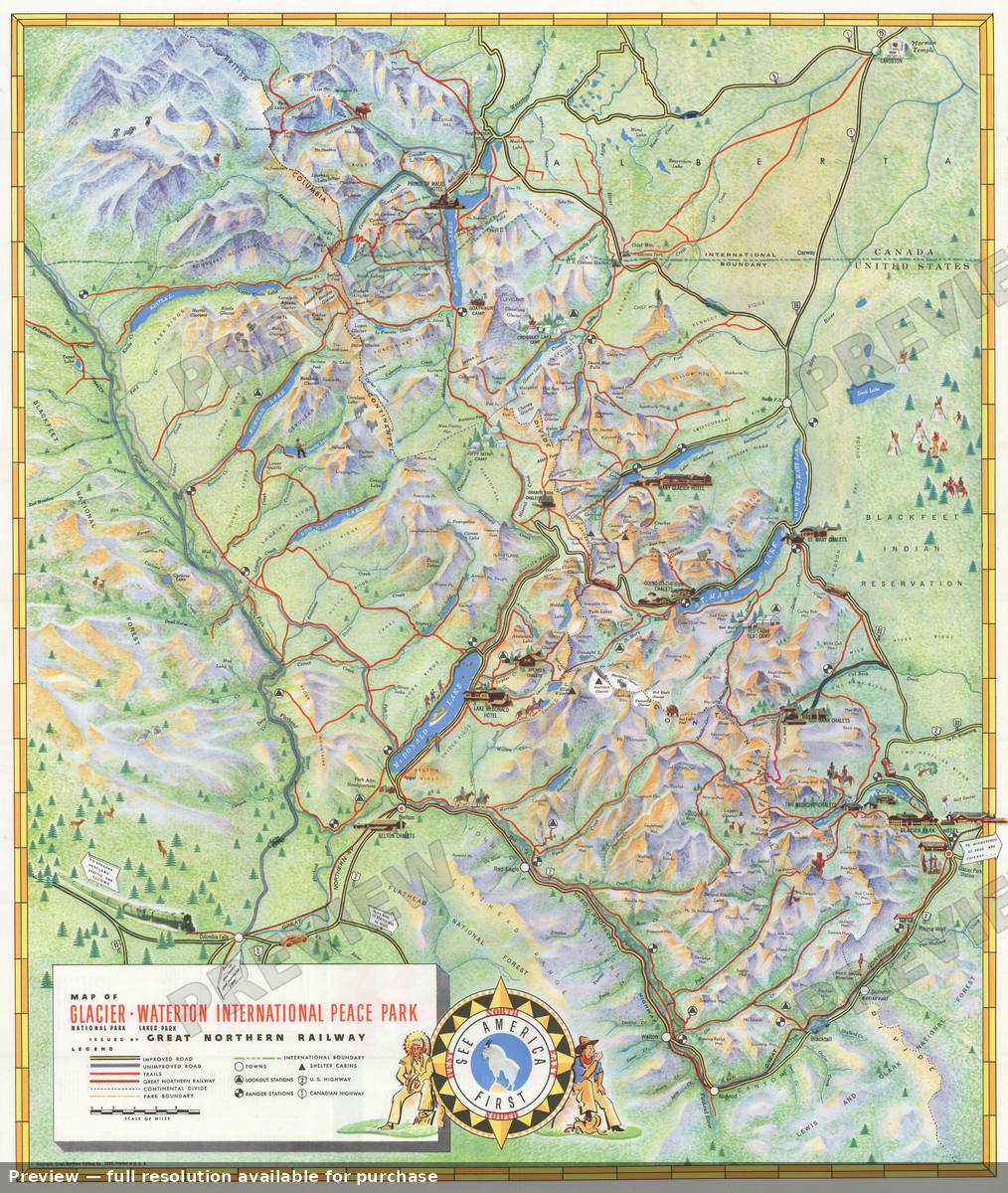 Antique map: Glacier Waterton, 1939, 1939