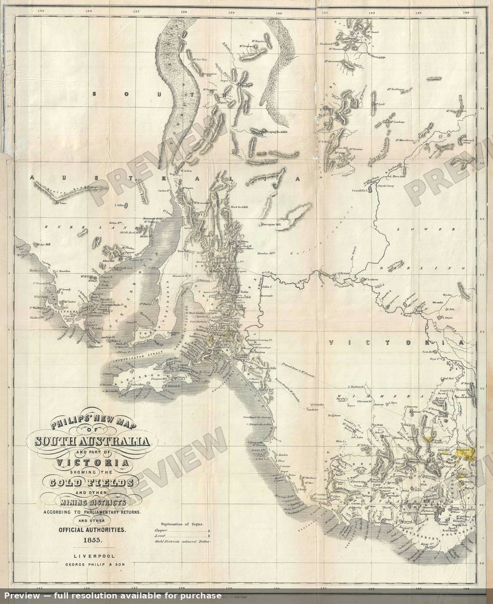 Antique map: Gold Fileds South Australia, 1853