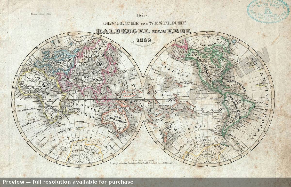Antique map: Halbkugel, 1849