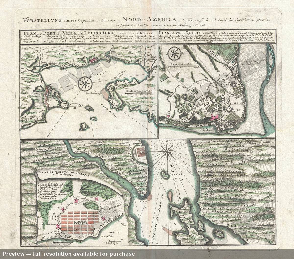 Antique map: Halifax Quebec Louisbourg, 1757, 1757