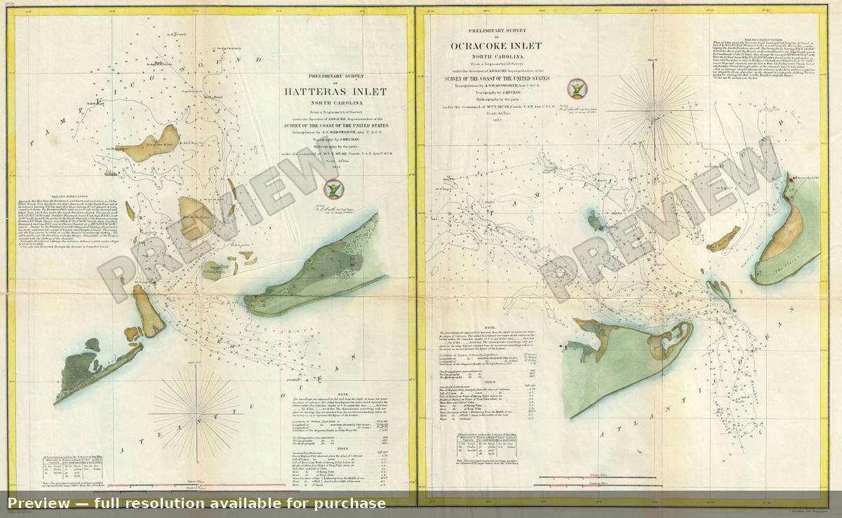 Antique map: Hatteras Inlet Ocracoke Inlet, 1857, 1857