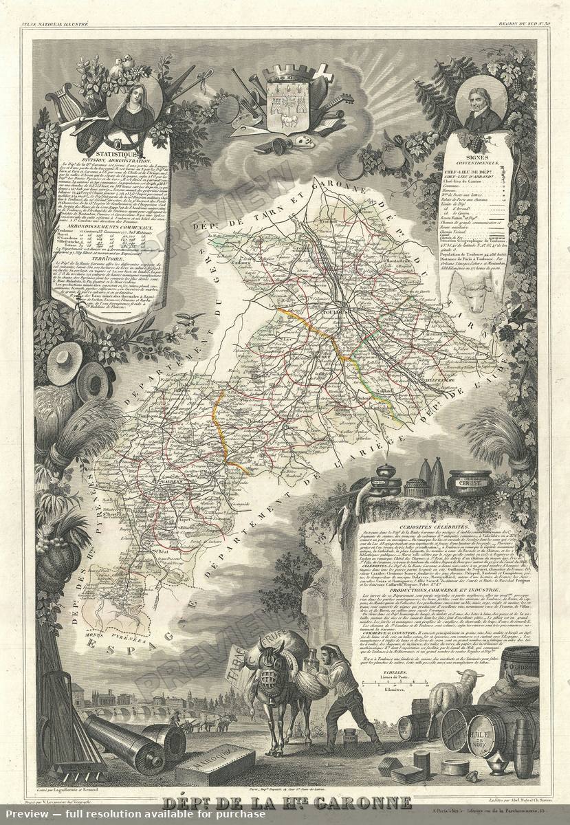 Antique map: Hautes Garonne, 1852, 1852