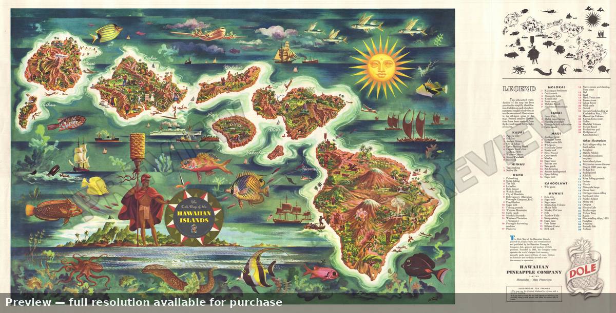 Antique map: Hawaii, 1950