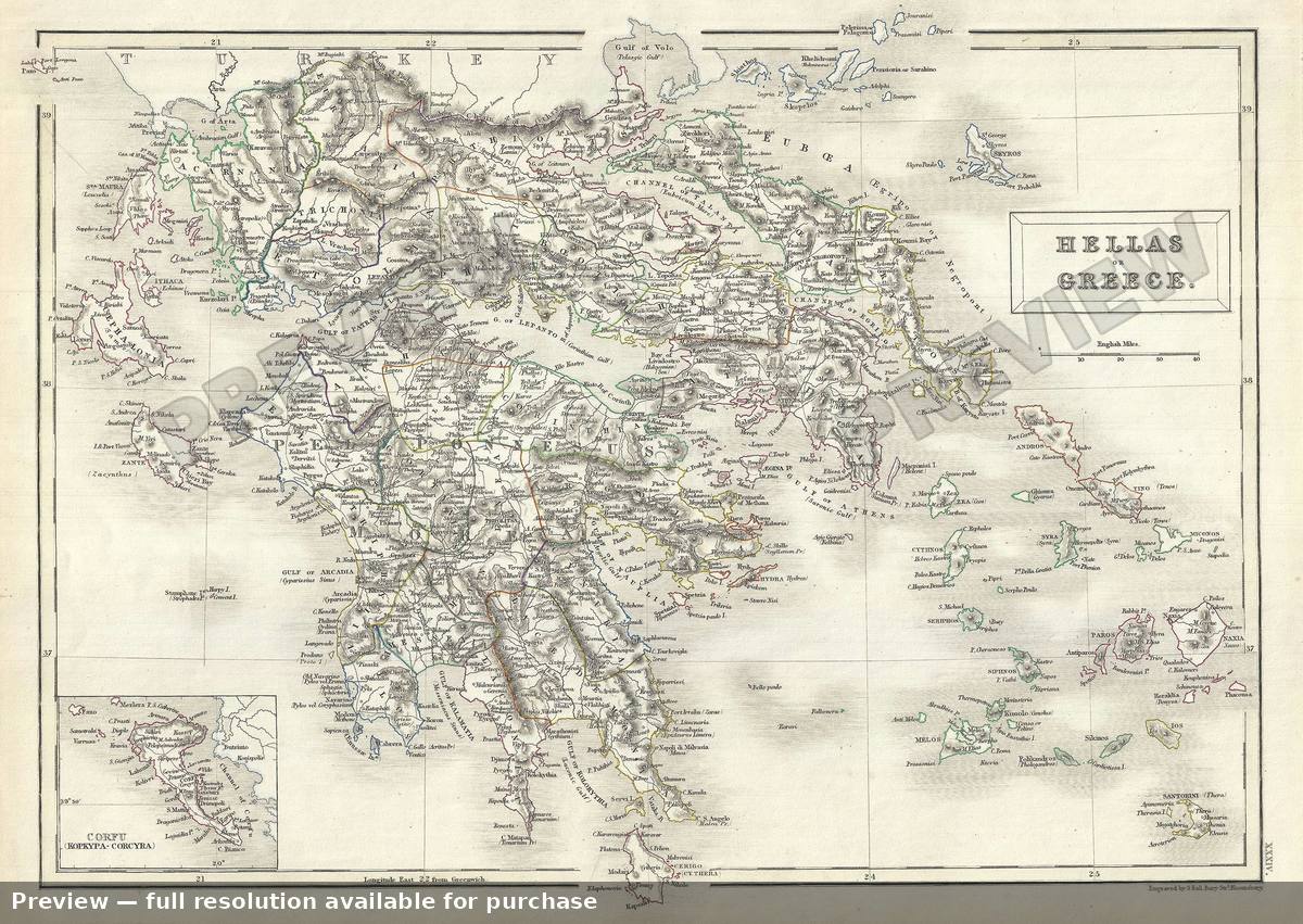 Antique map: Hellas Greece, 1844, 1844