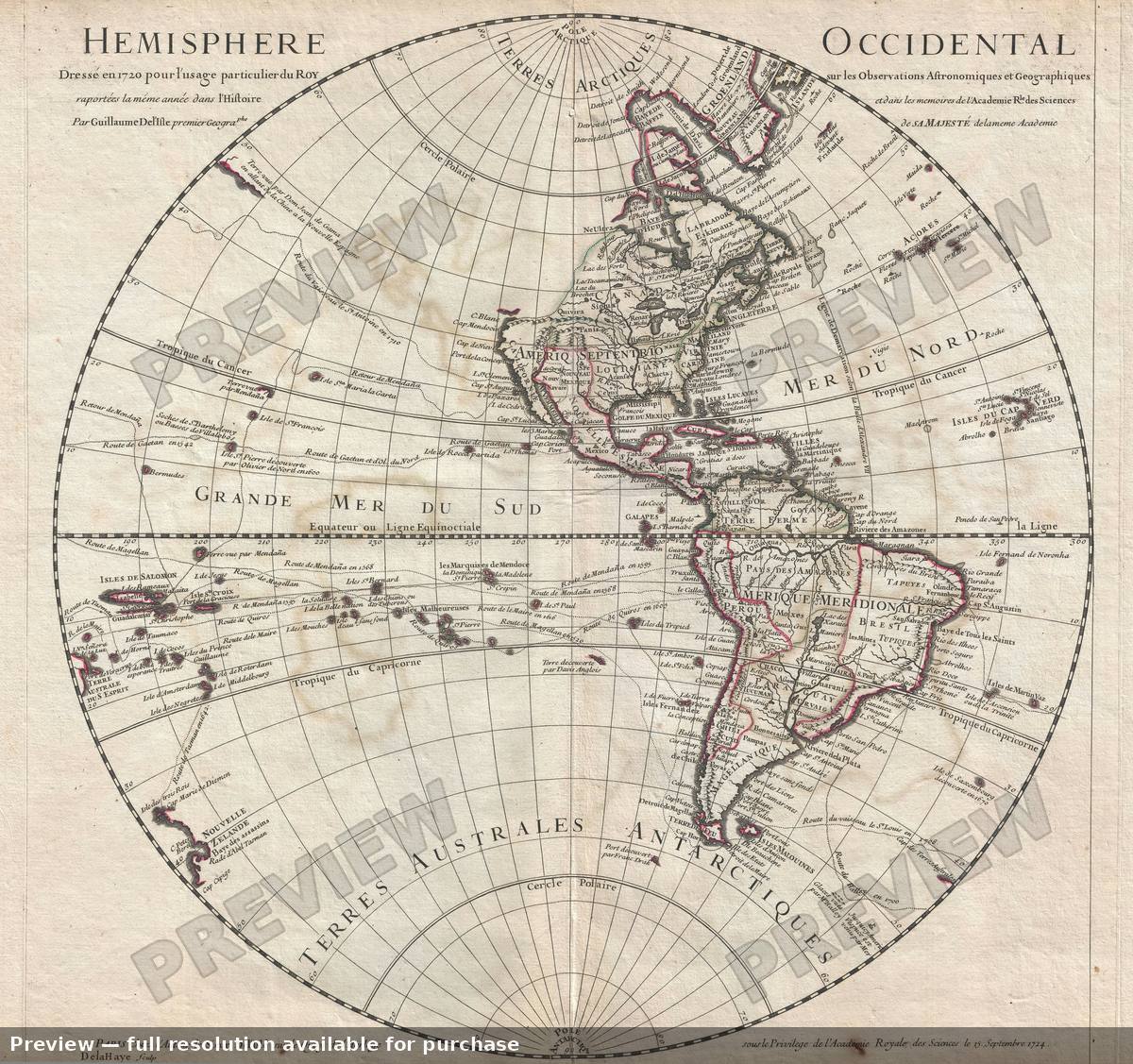 Antique map: Hemisphere Occidental, 1724