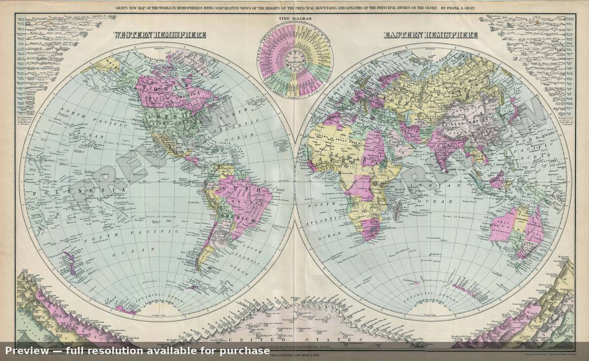 Antique map: Hemispheres, 1879