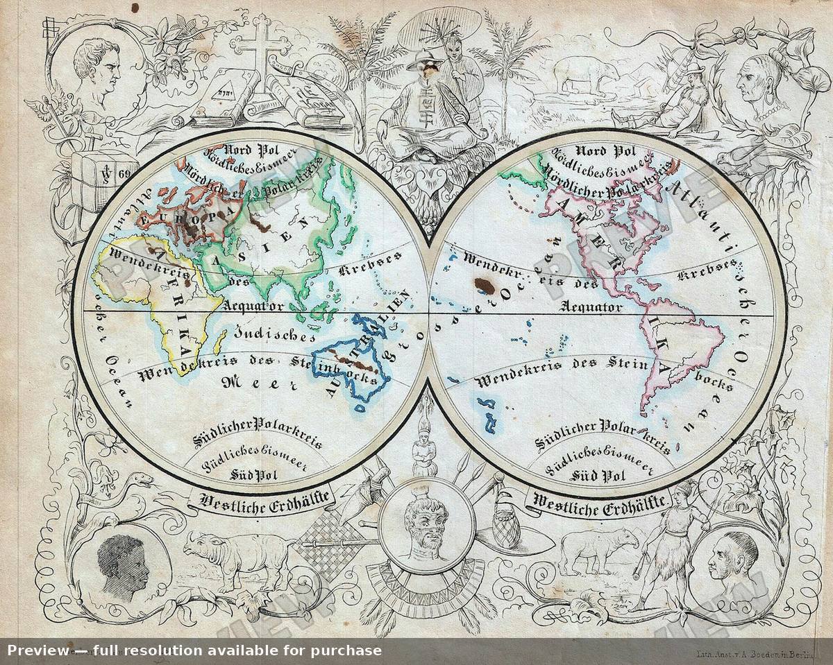 Antique map: Hemispheres, 1846