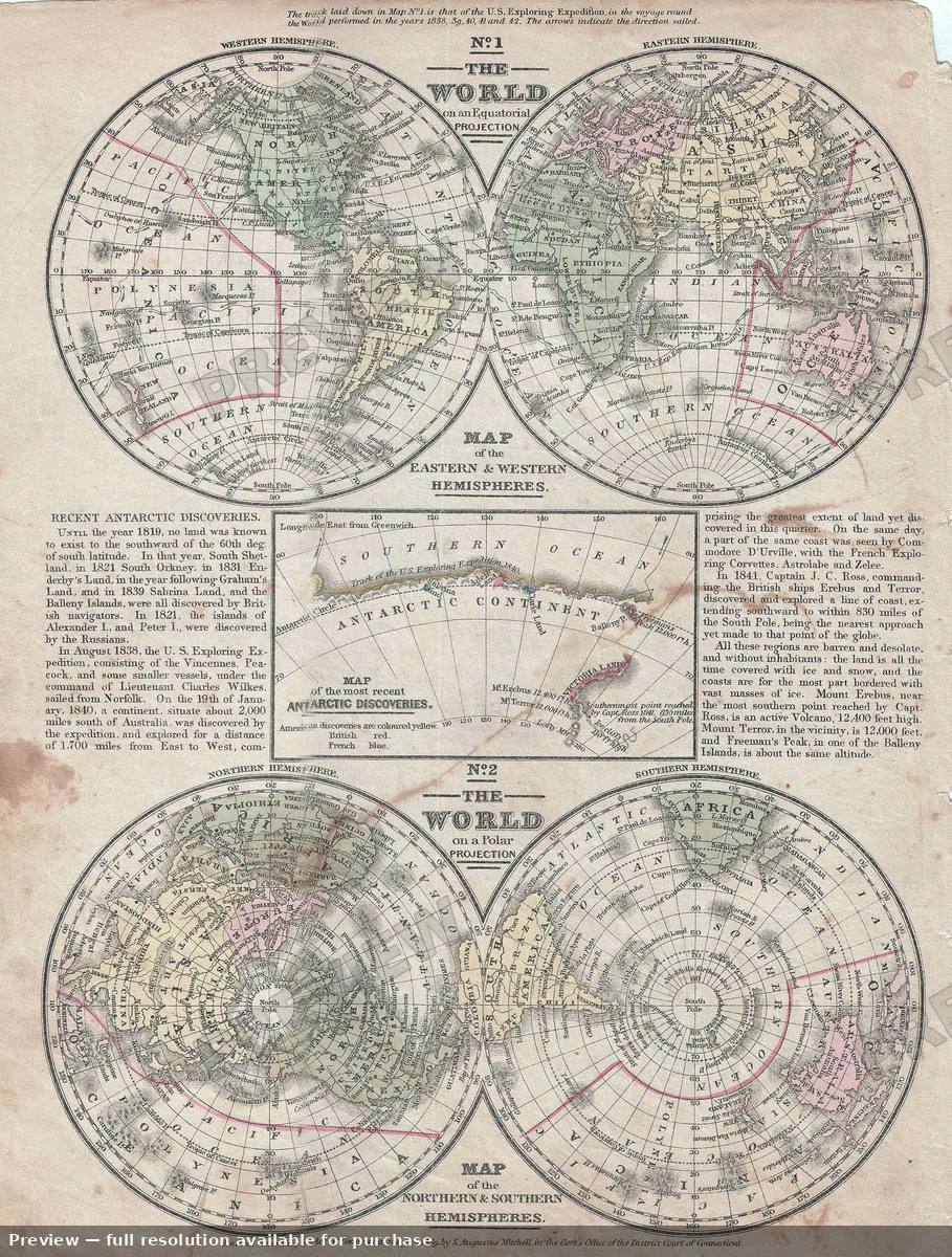 Antique map: Hemispheres, 1839