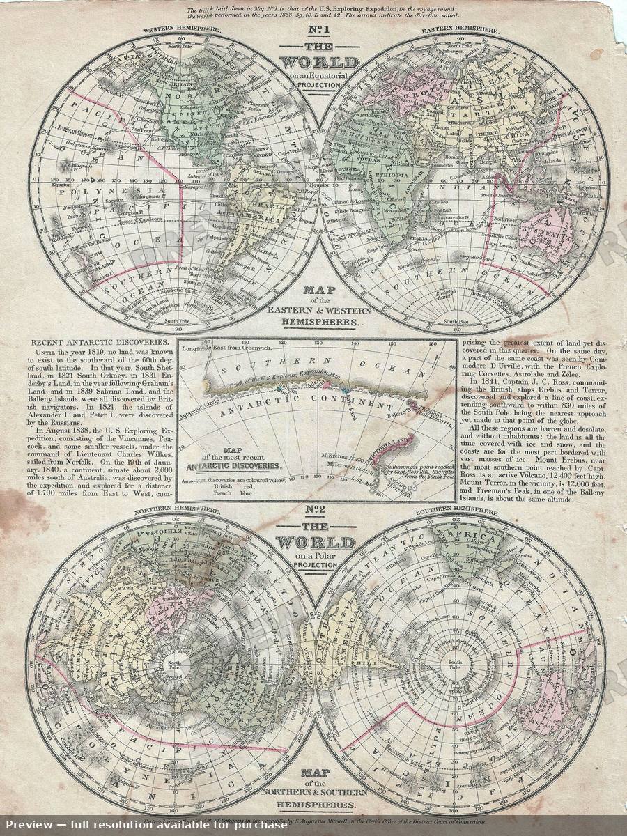 Antique map: Hemispheres, 1852
