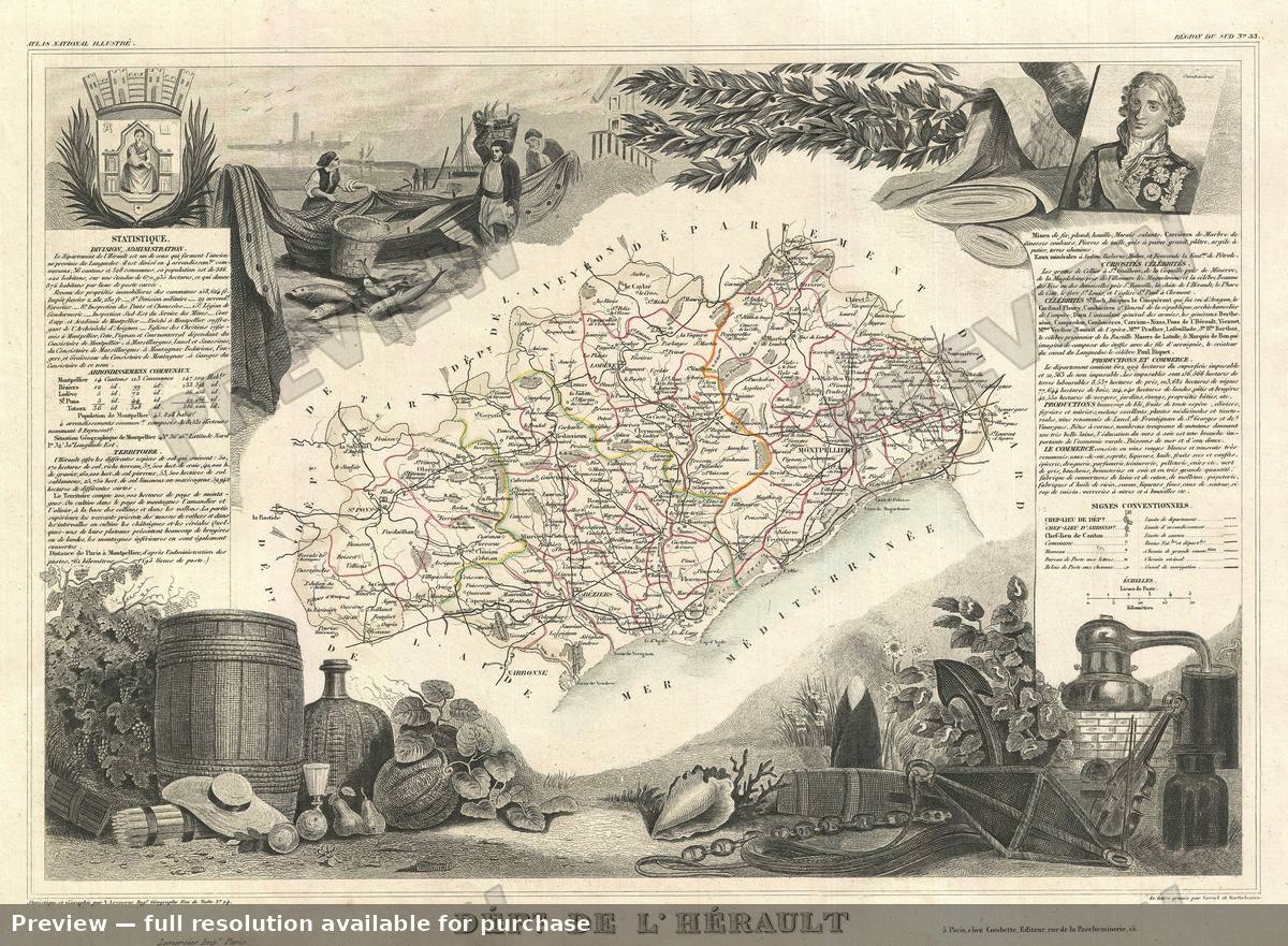 Antique map: Herault, 1852