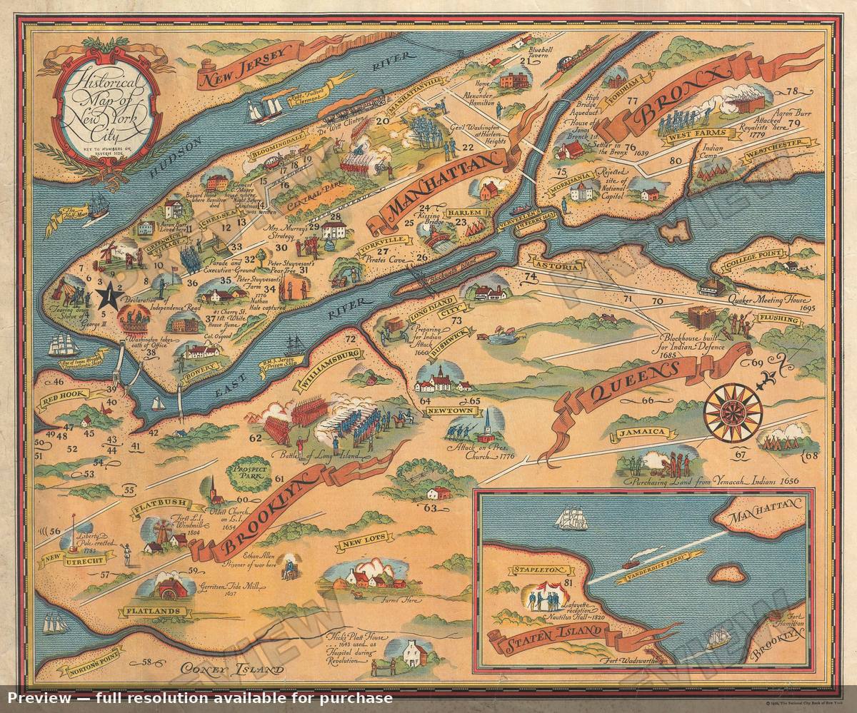Antique map: Historical NYC, 1932, 1932
