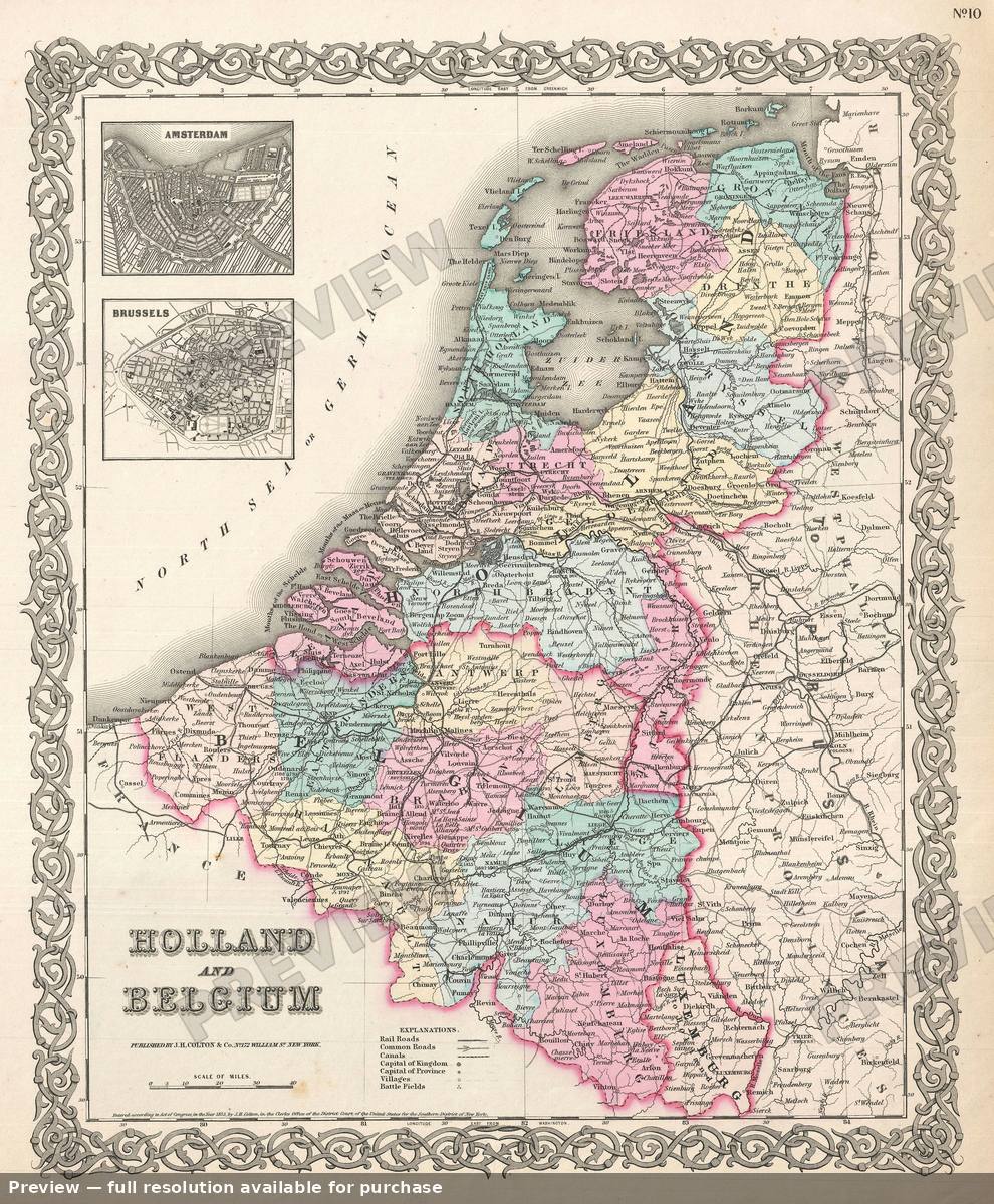 Antique map: Holland Belgium, 1855