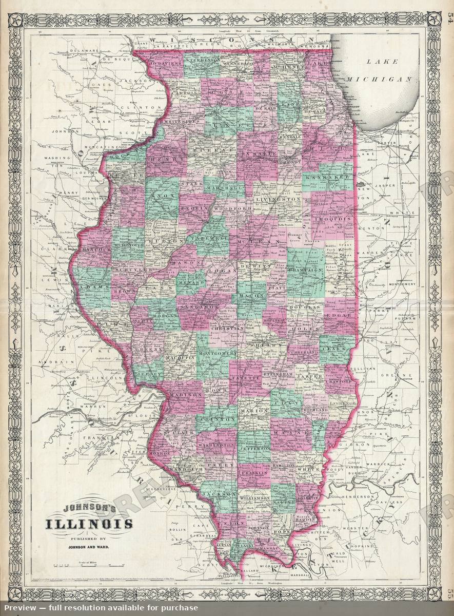 Antique map: Illinois, 1865, 1865