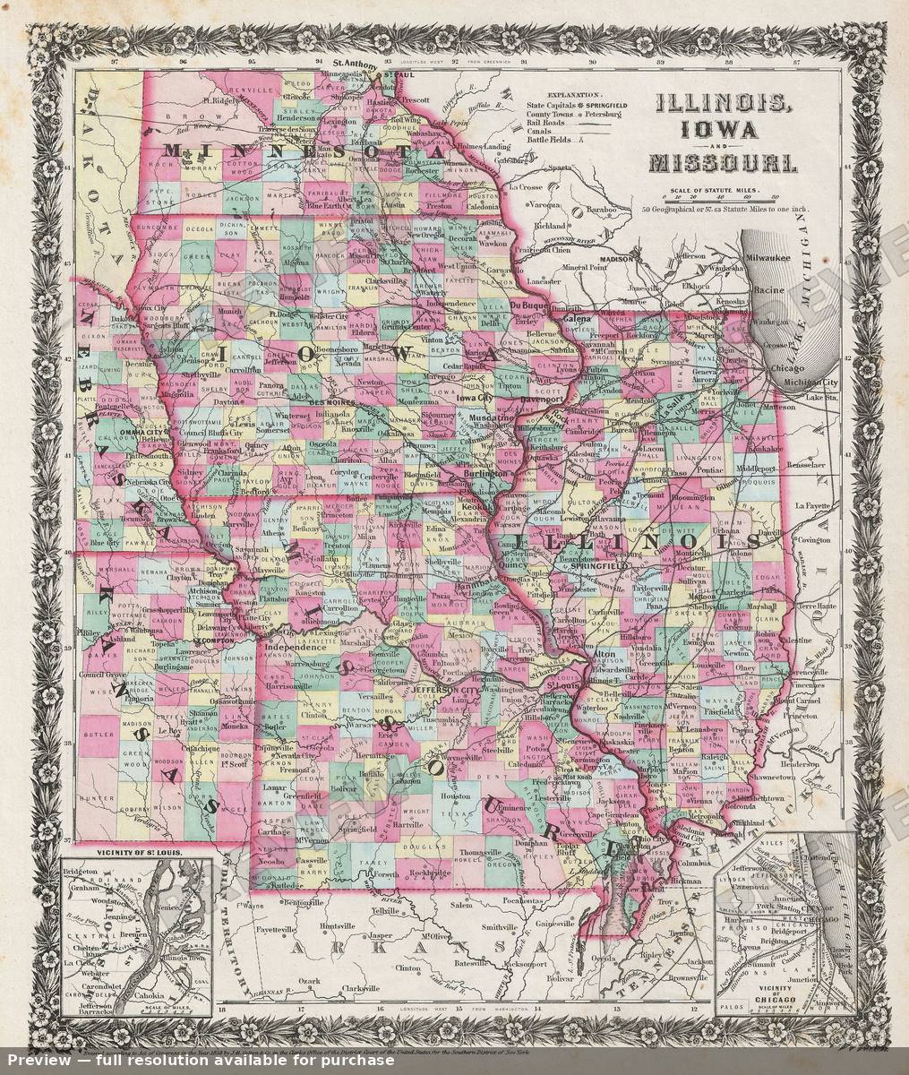 Antique map: Illinois Iowa Missouri, 1859