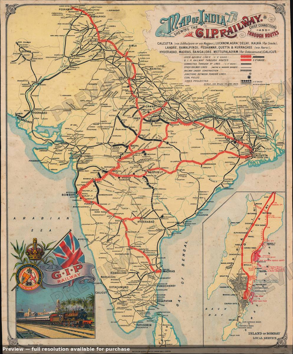 Antique map: India GIP Railway, 1911