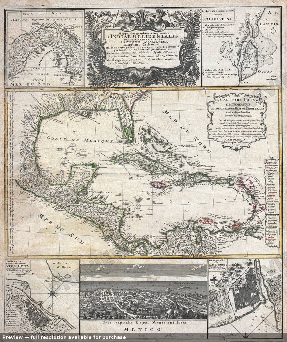 Antique map: Indiae Occidentalis, 1734
