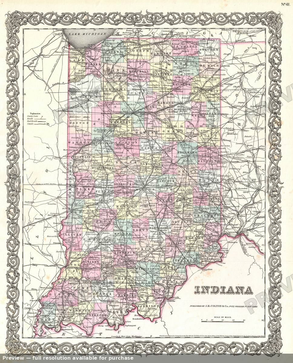 Antique map: Indiana, 1855
