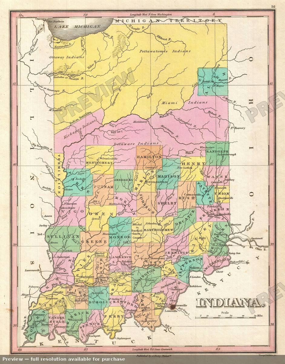 Antique map: Indiana, 1827