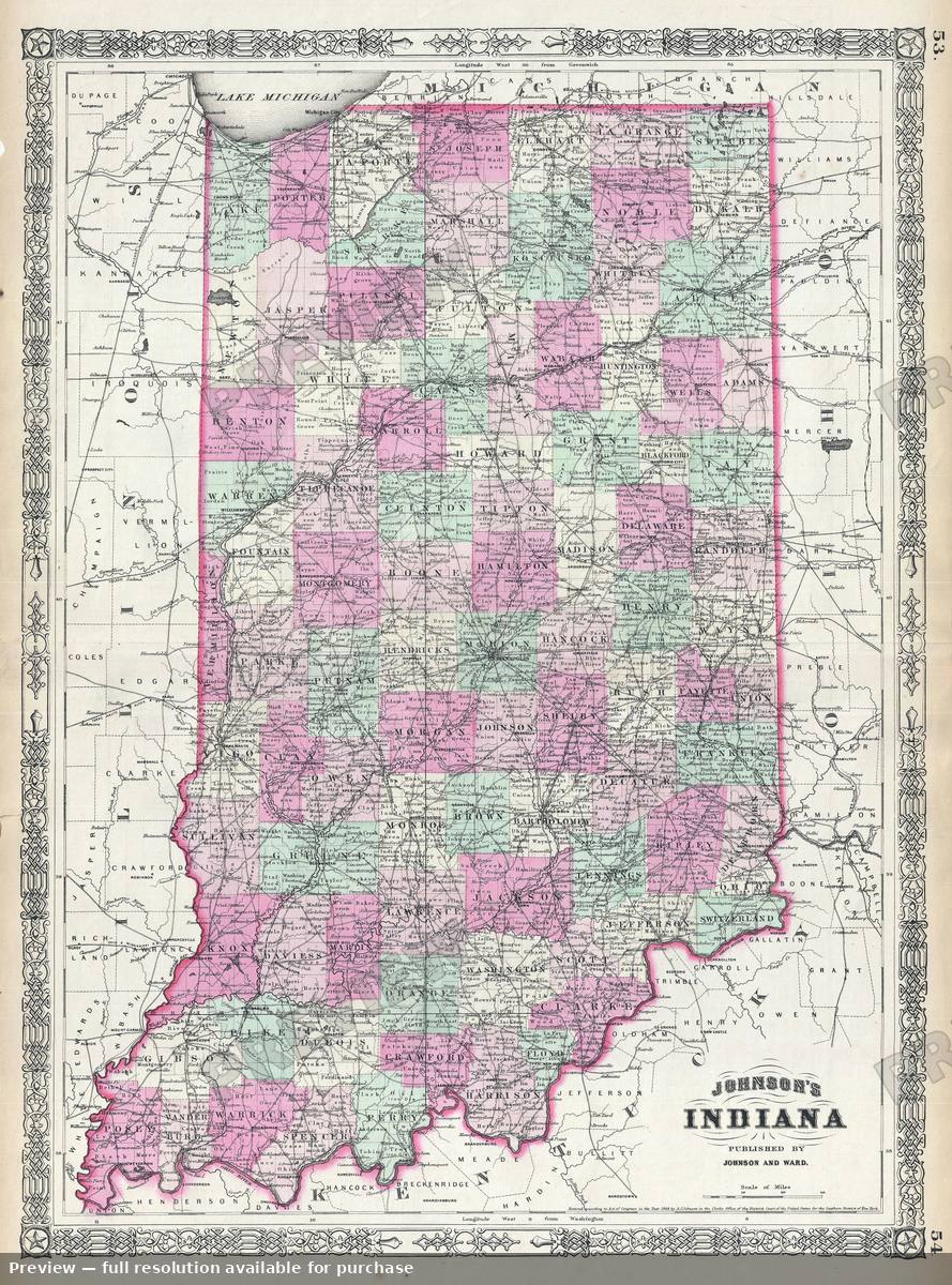 Antique map: Indiana, 1864, 1864