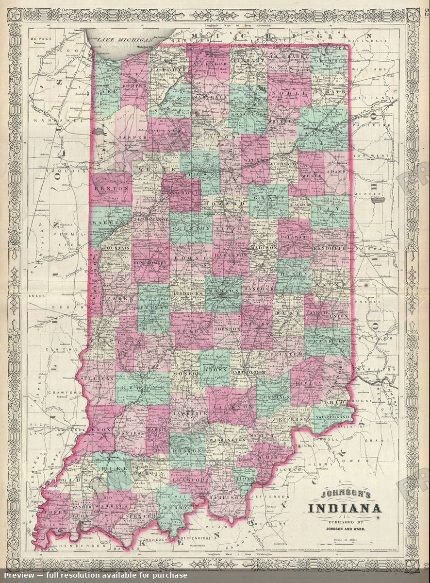 Antique map: Indiana, 1865, 1865