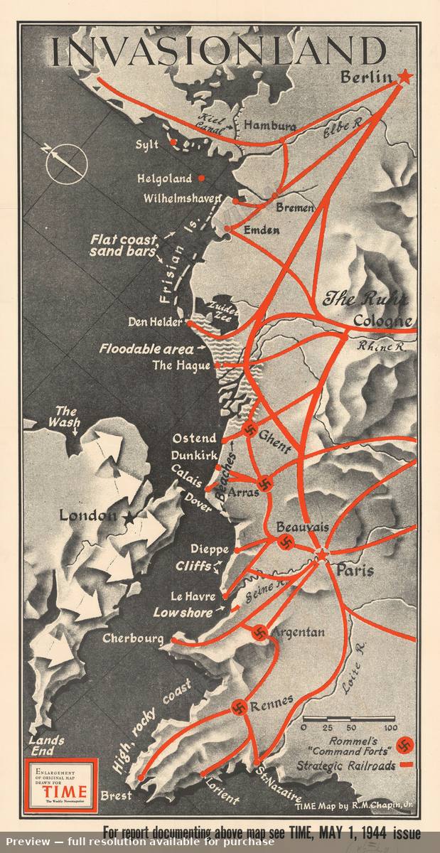 Antique map: Invasionland, 1944