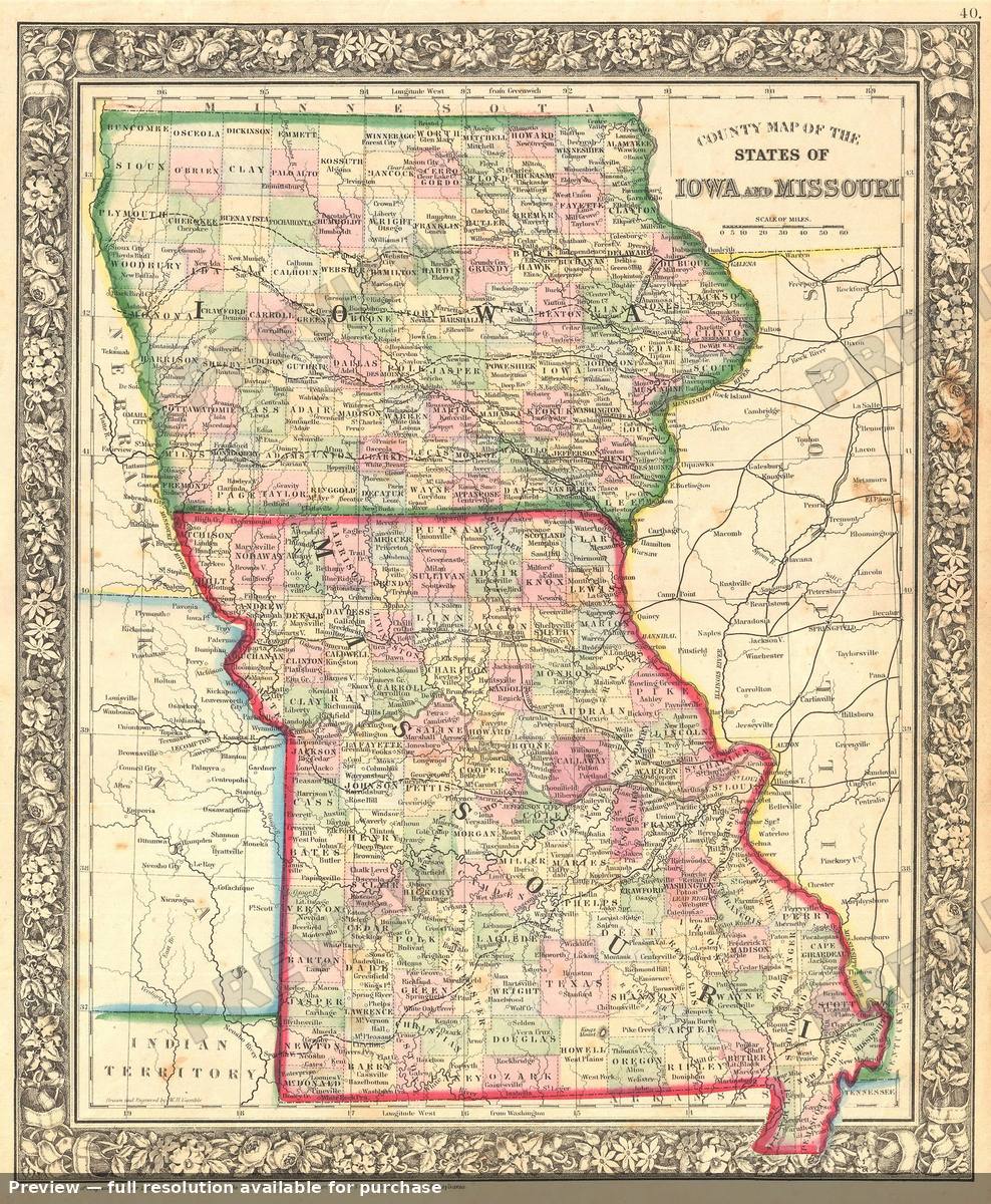 Antique map: Iowa Missouri, 1861, 1861