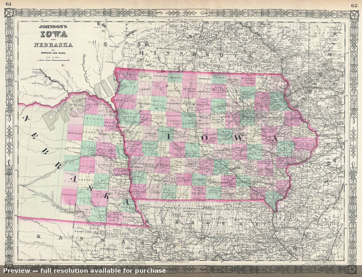 Antique map: Iowa Nebraska, 1864, 1864