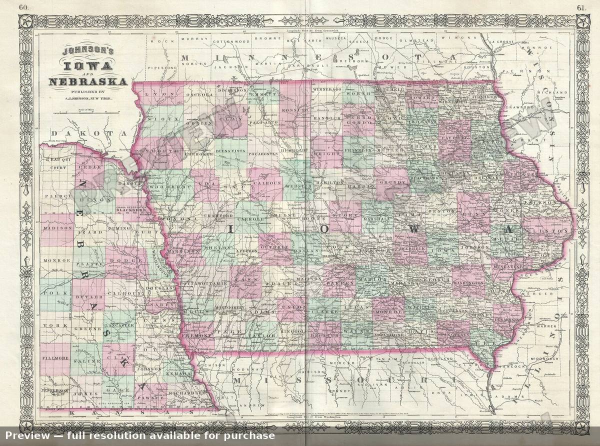 Antique map: Iowa Nebraska, 1866, 1866