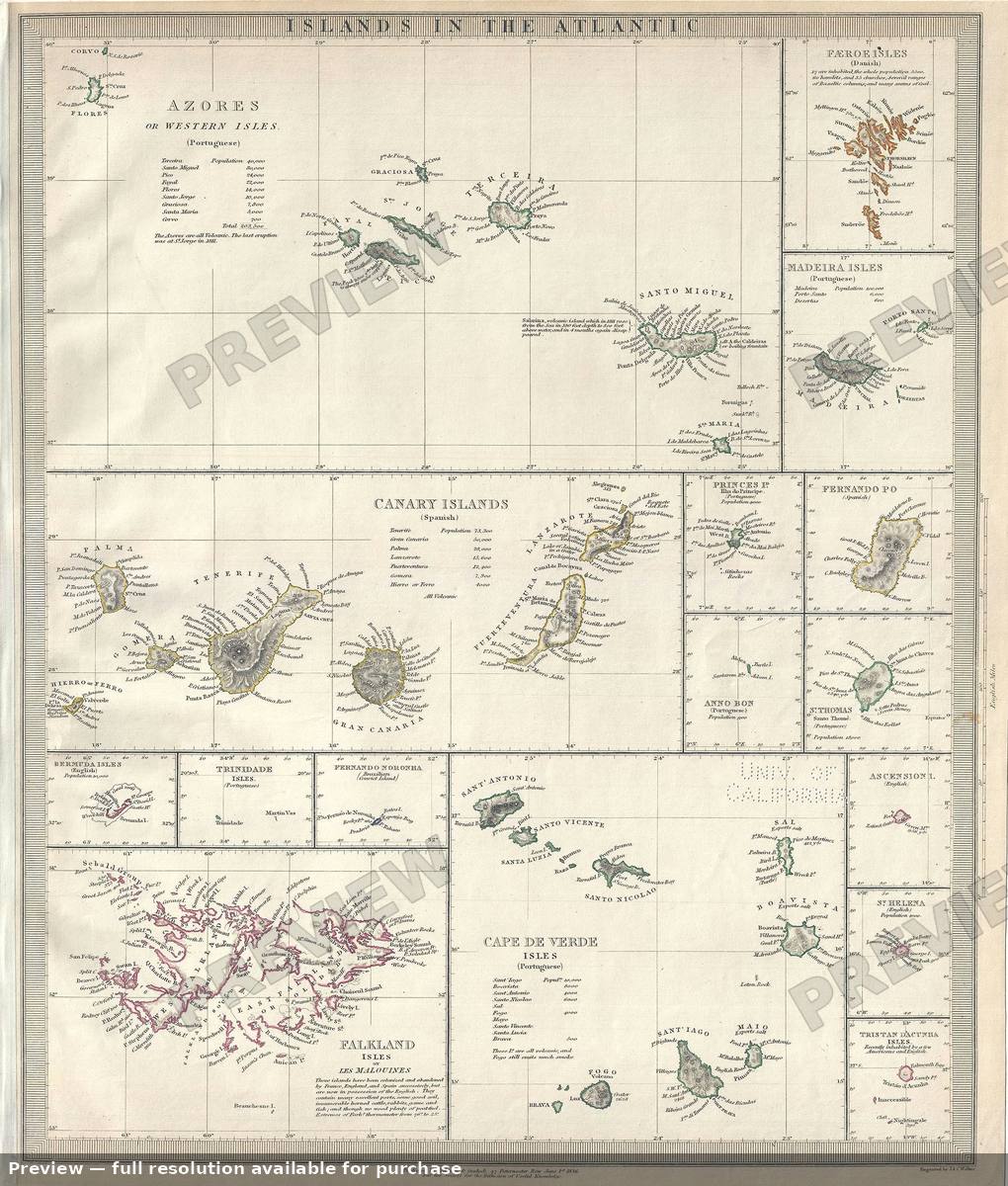 Antique map: Islands Atlantic, 1844, 1844