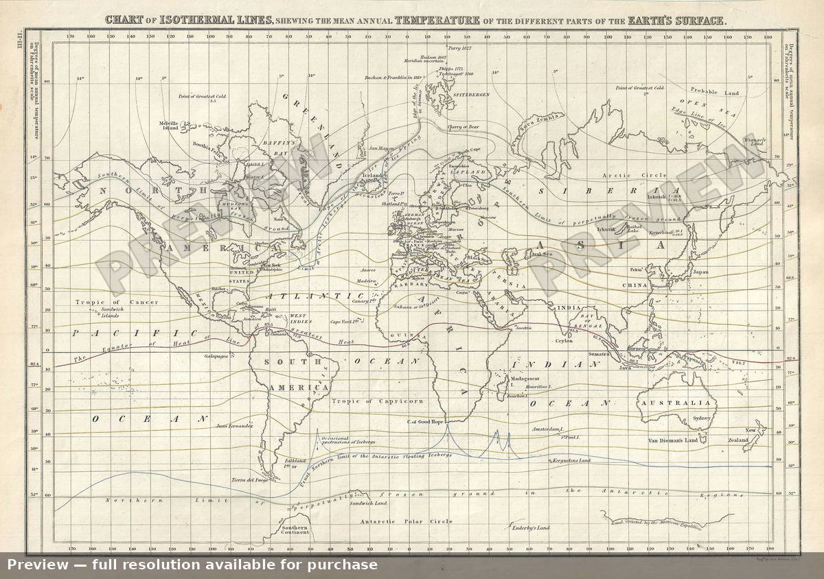 Antique map: Isothermal Lines, 1844, 1844