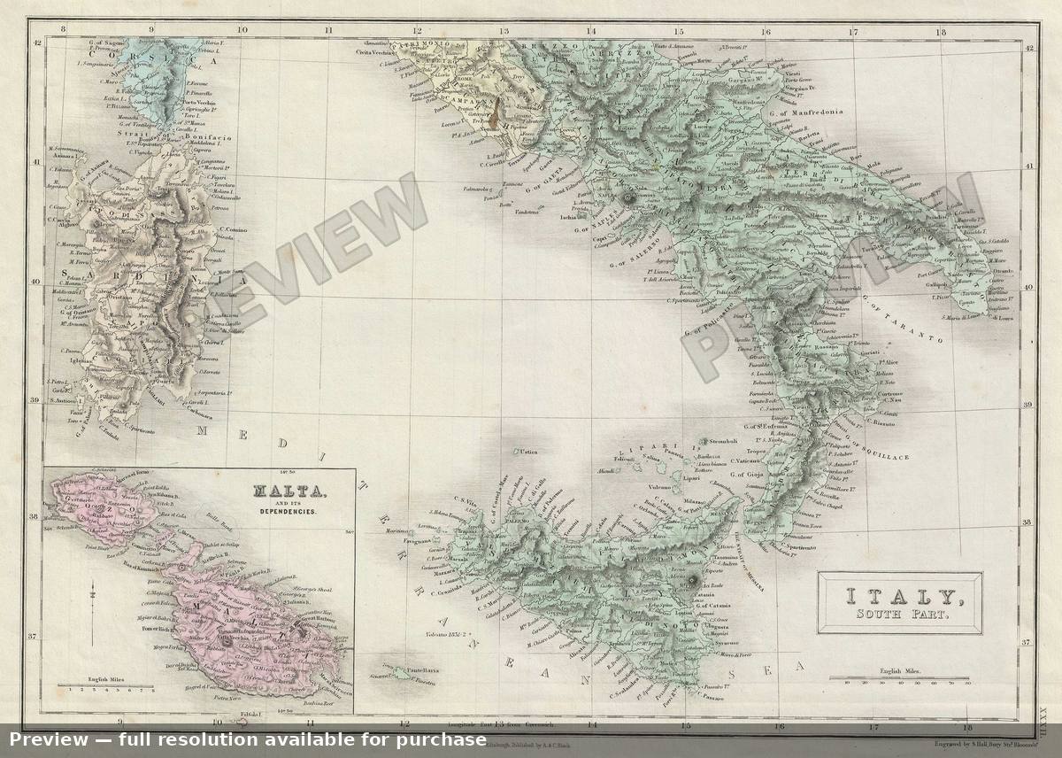 Antique map: Italy South, 1851, 1851