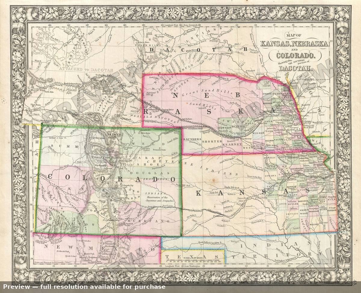 Antique map: Kansas Nebraska Colorado, 1866, 1866
