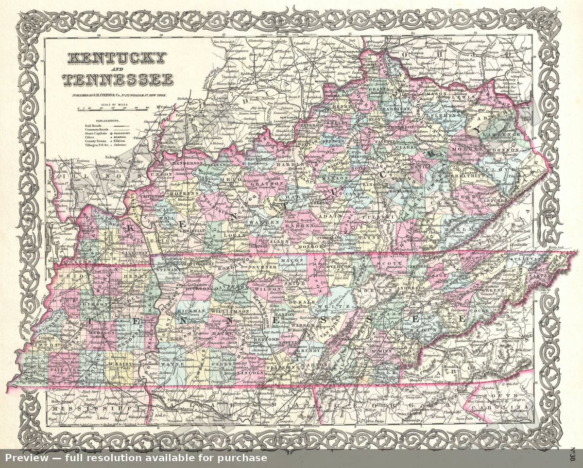 Antique map: Kentucky Tennessee, 1855, 1855