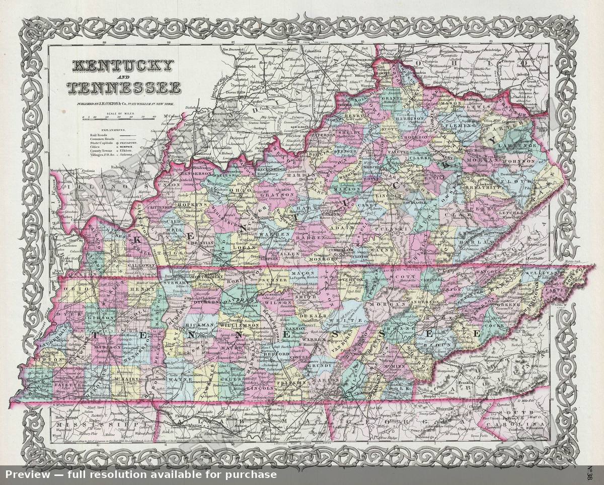 Antique map: Kentucky Tennessee, 1856, 1856