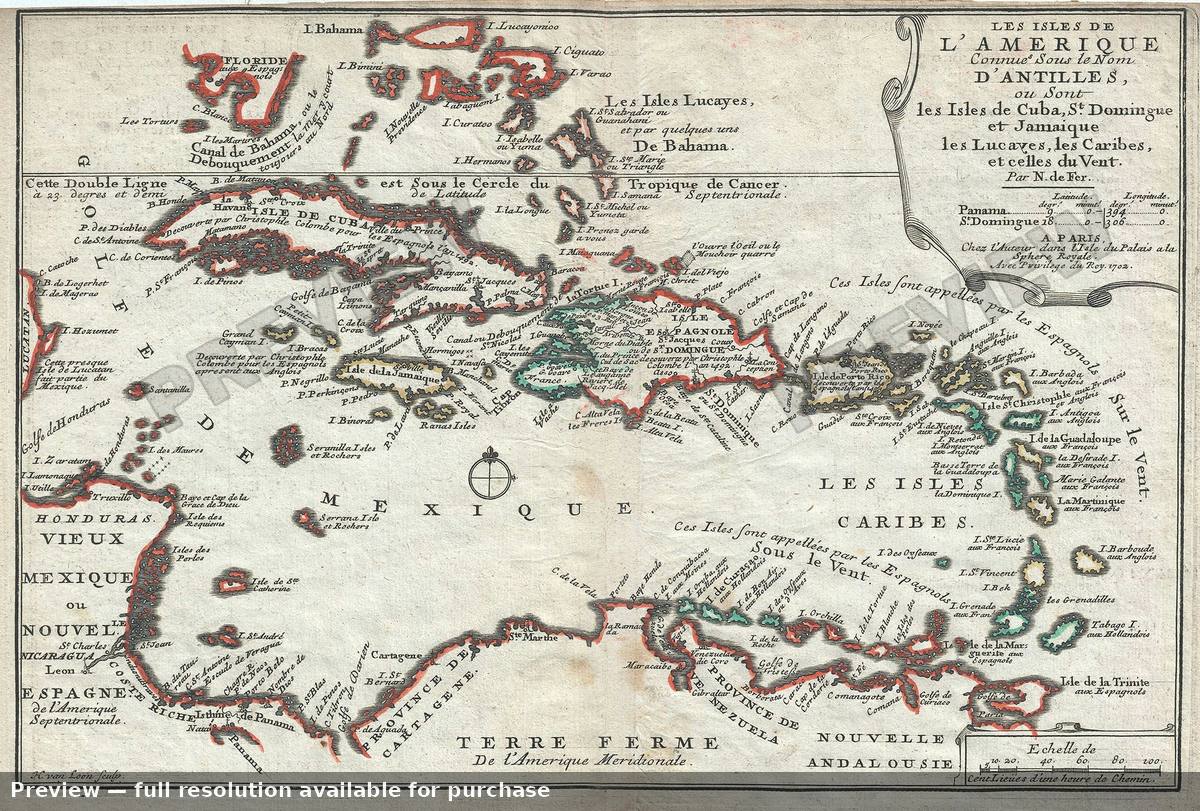 Antique map: L Amerique D Antilles, 1702