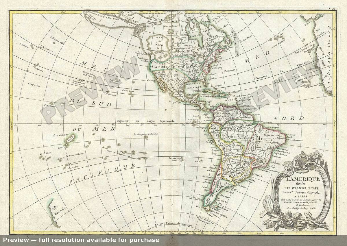 Antique map: L Amerique Divisee, 1762, 1762