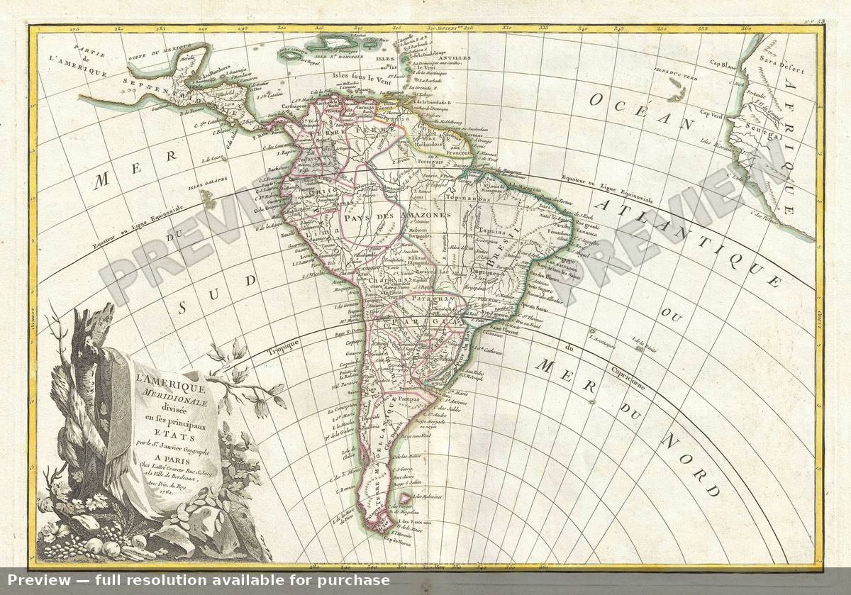 Antique map: L Amerique Meridionale, 1762, 1762