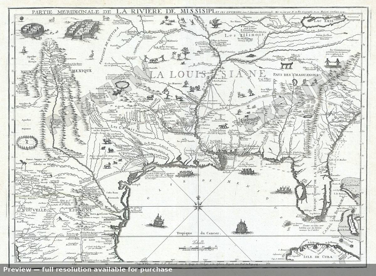 Antique map: La Rivierede Missisipi, 1718, 1718