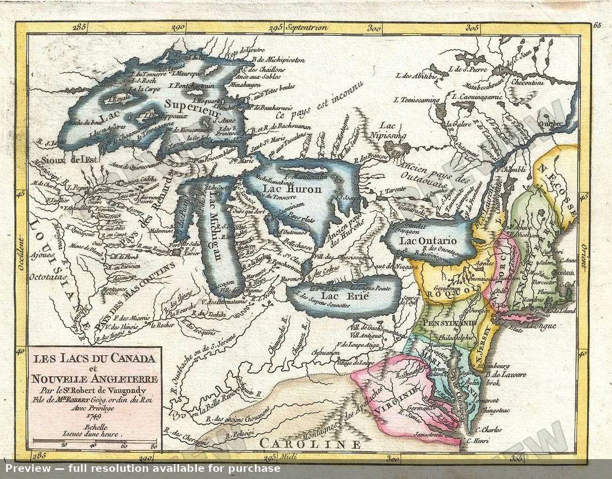 Antique map: Lacs Canada, 1749, 1749